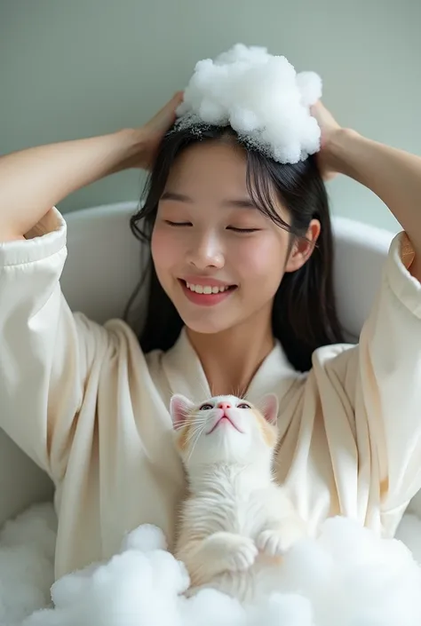 Create an Asian beauty with long hair，Regular facial features，Wearing a white satin bathrobe，Washing hair with both hands above the head，A cute white kitten next to it plays with the foam，Real bubbles，Foam envelops the beautys entire head，Beautiful girl op...