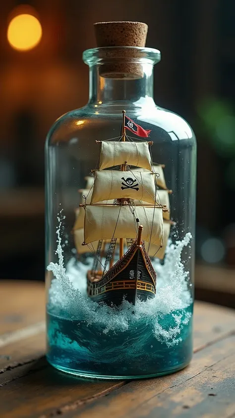 A hyper-realistic photograph of a pirate ship sailing through turbulent waters inside a glass bottle. The ship is adorned with the famous Jolly Roger flag and has rows of cannons visible along its side. The bottle rests on a wooden surface, with the grain ...