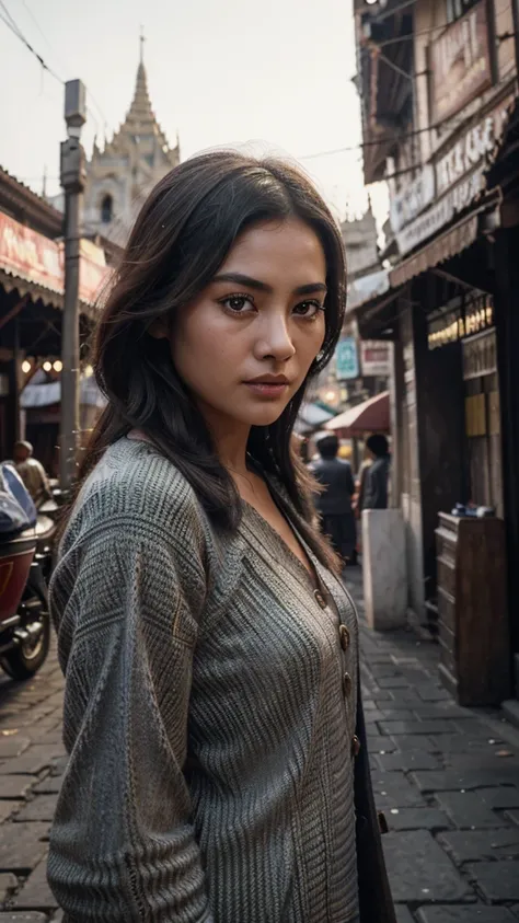 beautiful detailed eyes, beautiful detailed lips, extremely detailed eyes and face, longeyelashes, 1girl, Myanmar street, 1960s, Mandalay, old town, vintage, cinematic lighting, dramatic shadows, moody atmosphere, colorful architecture, intricate patterns,...