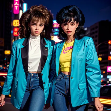 woman in 80s fashion、oversized blazer with shoulder pads、high-waisted jeans、neon accessories。neon-lit cityscape in the backgroun...