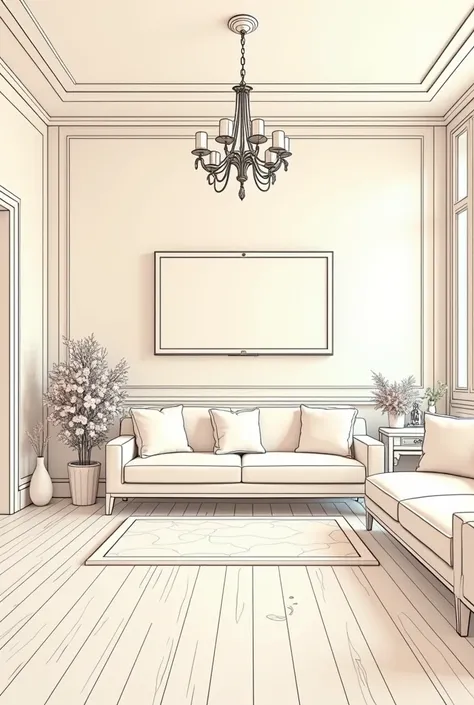 indoor设计，Line Art，unmanned，Wall-mounted TV，ceiling light，chandelier，Wooden floor，Pillow，table，landscape，indoor，sofa，flower瓶，plant，Chair，（object），flower，
（masterpiece））），Best quality，8k，Super Fine，（（Line Art））（No shadow））3/4 side viewing angles