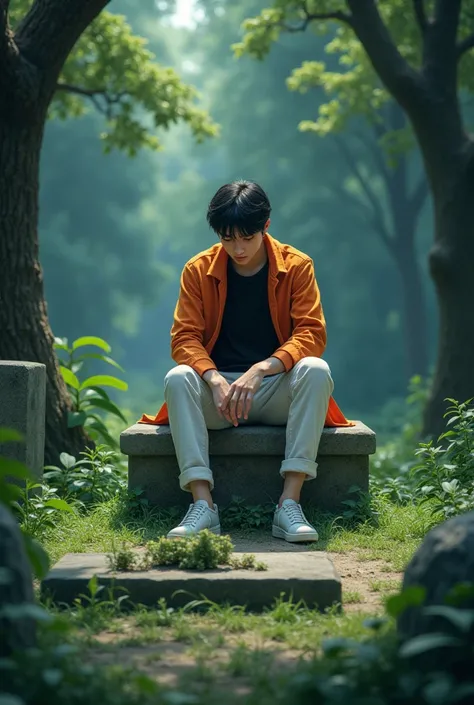 An 18-year-old man, wearing a black shirt underneath an orange long-sleeved shirt, white pants, and white shoes, is sitting on a stone chair in the forest, looking at a grave that reads Rinne Kudo.