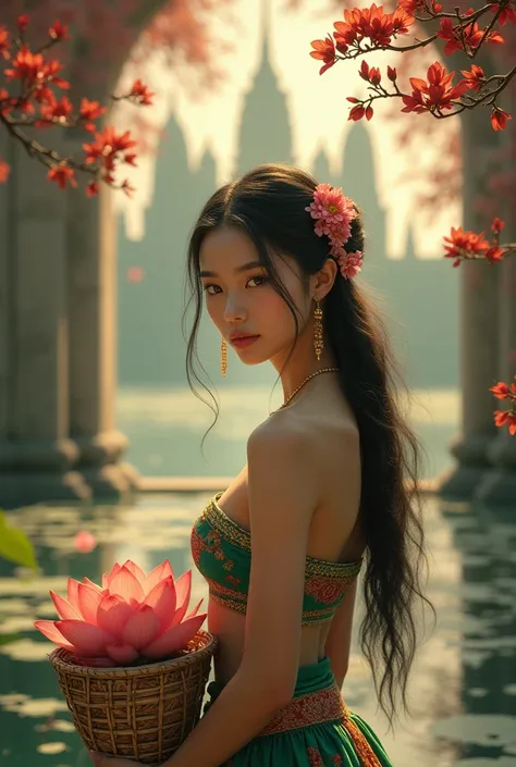 (photo realistic:1.4), A Cambodian beauty stands under a lush ponies blossom arbor, long flowering  hair adorned with delicate Jasmin flowers and jewelleries, her face serene as she looks directly at the viewer. She wears a white traditional tube top and g...