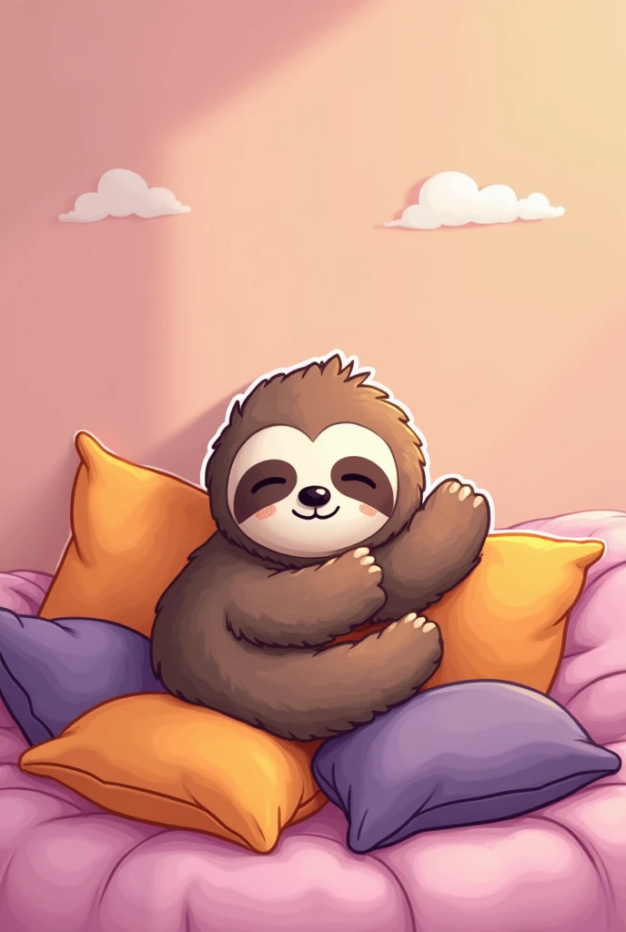 Sloth resting on pillows, in the colors pink orange and purple, sticker style 