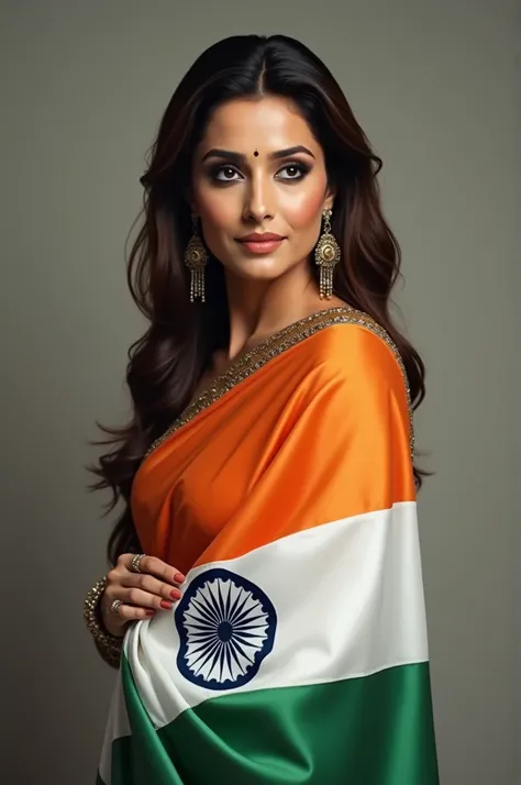 Ultra realistic photo of Madhuri Dixit wearing indian flag as saree.