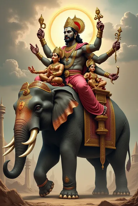 Viswakarma is the central figure in the scene. He has four hands and is seated on the lap of an elephant with its trunk upraised. Goddess Lakshmi and God Ganesha are sitting on Viswakarmas lap.
Viswakarma is seated in a figure four lock position. In his fi...