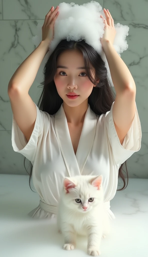 Create an Asian beauty with long hair，Regular facial features，Wearing a white satin bathrobe，Washing hair with both hands above the head，A cute white kitten next to it plays with the foam，Real bubbles，Foam envelops the beautys entire head，Beautiful girl op...