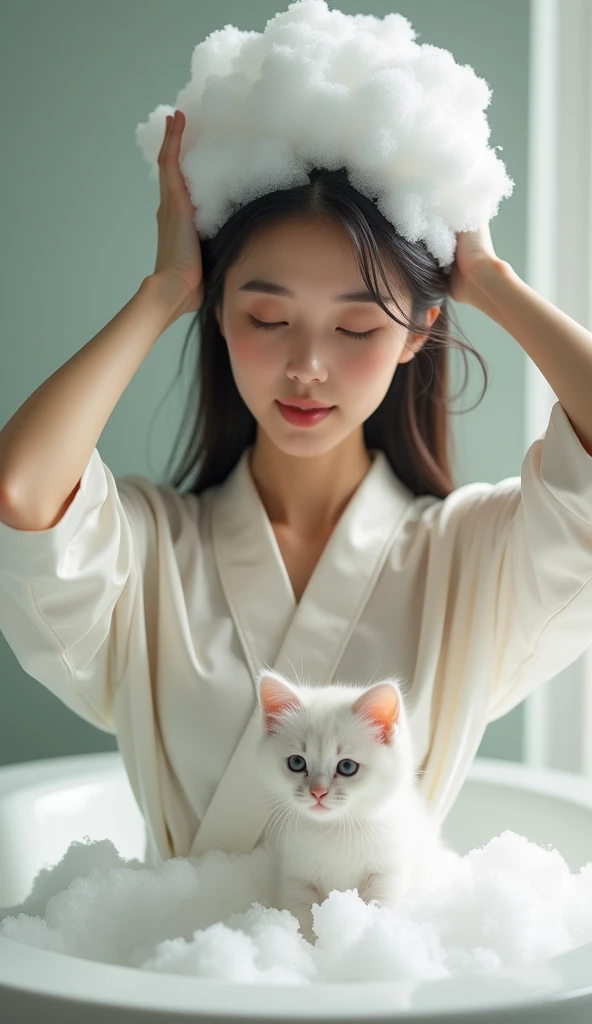 Create an Asian beauty with long hair，Regular facial features，Wearing a white satin bathrobe，Washing hair with both hands above the head，A cute white kitten next to it plays with the foam，Real bubbles，Foam envelops the beautys entire head，Beautiful girl op...