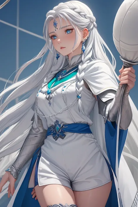 A witch with long, white braided hair,Wearing white volleyball team shorts，wearing silver breastplate and a blue cape with silver embroidery，wearing a silver necklace and earrings with emerald gems