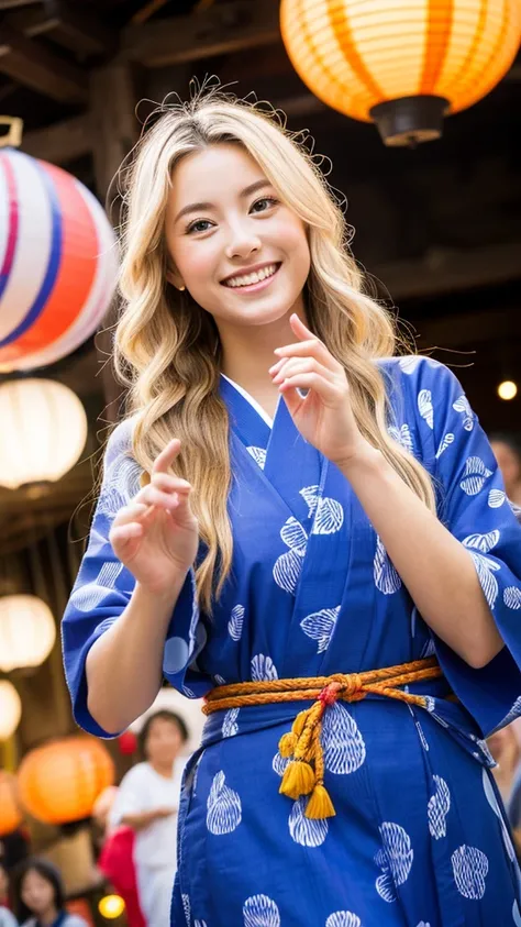 Emily, a beautiful young woman with long, blonde hair styled in natural waves, and clear blue eyes, wearing a traditional Japanese yukata with a colorful obi. She is standing in a circle of people at a Bon Odori festival, her face lit up by the warm glow o...