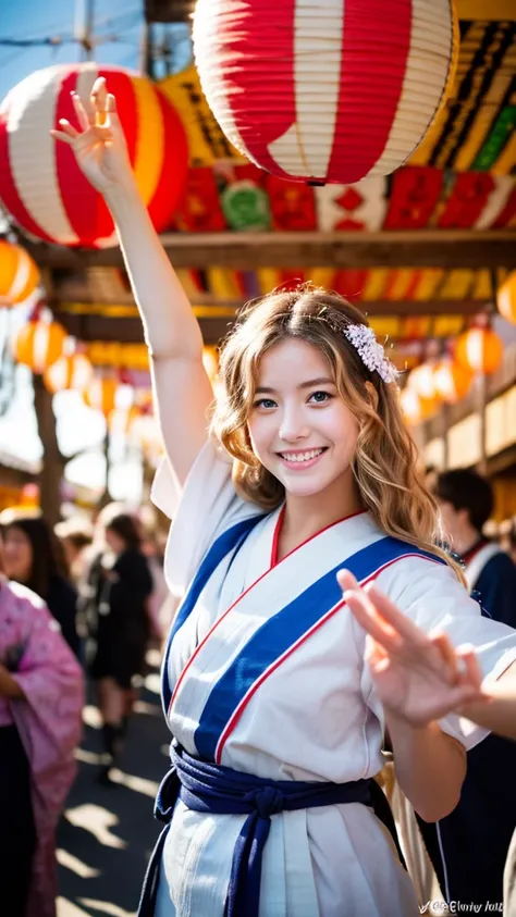 Emily, a beautiful young woman with long, blonde hair styled in natural waves, and clear blue eyes, wearing a traditional Japanese yukata with a colorful obi. She is standing in a circle of people at a Bon Odori festival, her face lit up by the warm glow o...