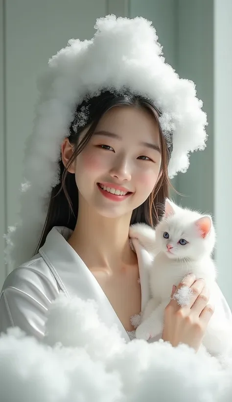 Create an Asian beauty with long hair，Regular facial features，Wearing a white satin bathrobe，Washing hair with both hands above the head，A cute white kitten next to it plays with the foam，Real bubbles，Foam envelops the beautys entire head，Beautiful girl op...