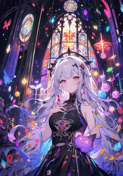 western church chapel,Lots of colorful stained glass,Light shines through stained glass, Creates a fantastic atmosphere inside the chapel.,Fluffy hair,Gorgeous black and white two-tone hair,Rainbow light,Monastic robe with wide open shoulders and chest,mon...