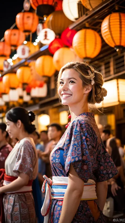 Emily, dressed in a traditional yukata, standing in a festive setting with rows of lanterns hanging above. She has a serene expression as she watches the Bon Odori dancers around her. Her blonde hair is styled in a casual, yet elegant updo, and her clear b...