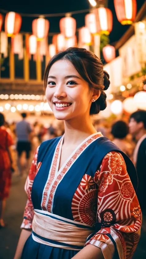 Emily, dressed in a traditional yukata, standing in a festive setting with rows of lanterns hanging above. She has a serene expression as she watches the Bon Odori dancers around her. Her blonde hair is styled in a casual, yet elegant updo, and her clear b...