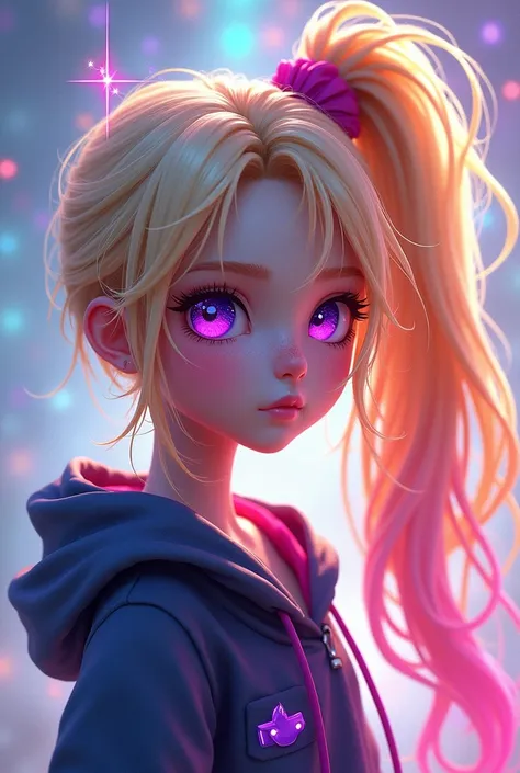 A short gamer girl with long blonde hair that has pink, purple, blue highlights and styled in a ponytail has purple eyes with stars