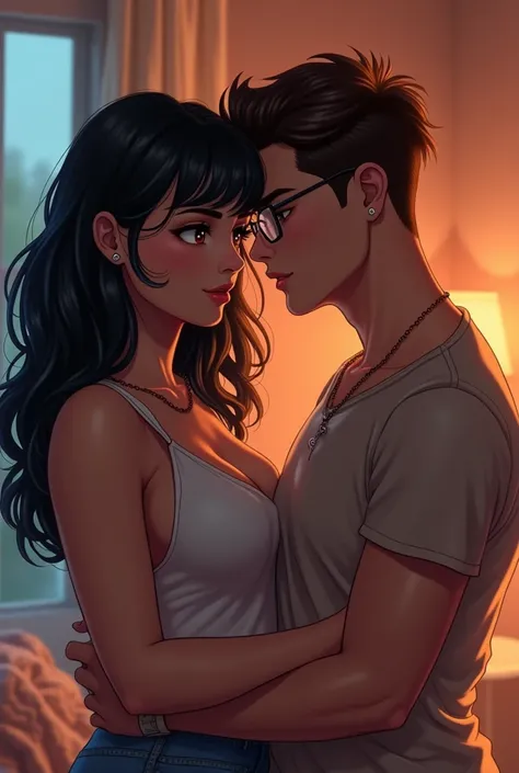 Couple of boyfriends she curvy body big cheeks black hair with blue, big brown eyes light skin with piercing in the nose and tongue and with light skin, straight hair styled up and small rectangular glasses