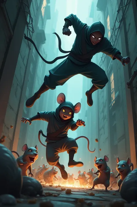 The attack began with a coordinated strike. Ninja Paws dropped from above, scattering the rats and causing chaos. Acrobat leaped and twisted through the air, disorienting the rat sentries. The rats, confused and frightened, scrambled to regroup.