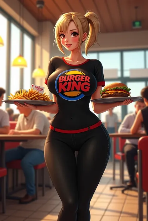 Realistic style and real women, she is Blonde with short hair, she has an hourglass figure, she has a surreal, hentai-like physique, with exaggerated curves that showcase large buttocks and voluminous breasts and she is slim

A dynamic, smiling female wait...