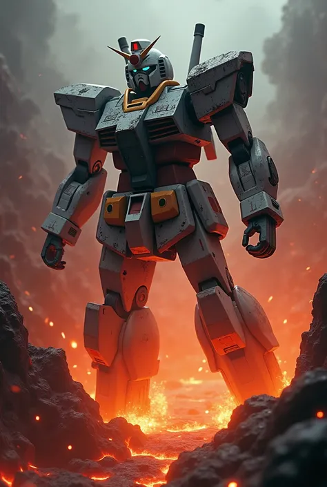 Gundam robot with no legs and no arms, heavily battle-damaged, seen from above as it falls into a lava-filled base, (best quality,4k,8k,highres,masterpiece:1.2),ultra-detailed,(realistic,photorealistic,photo-realistic:1.37),highly detailed mecha, intricate...