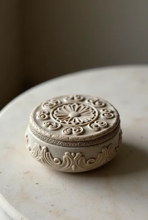 Create an image of a compact stone product, such as a jewelry box, a small statue, or a decorative accessory. The product should have an exquisite design, with a smooth surface, with intricate carvings or unique patterns, highlighting the natural stone mat...