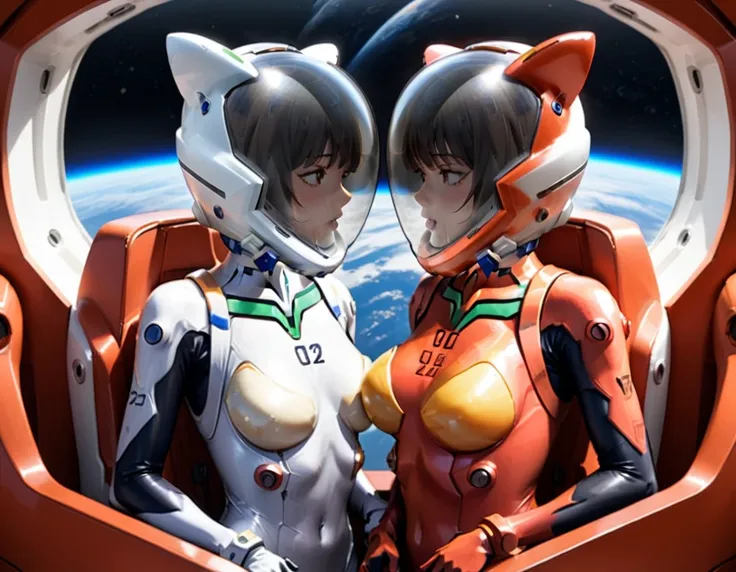 white bodysuit, plugsuit,evangelion,\ helmet, space helmet ,eva helmet,astronaut) brown hair, a pair of girls, very short hair, ...