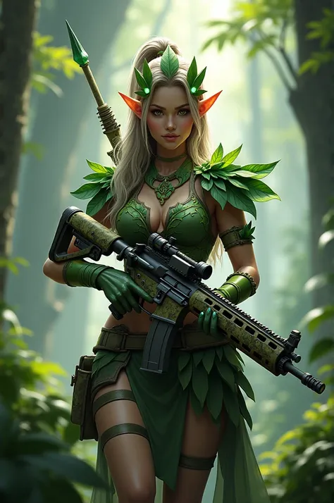 A bgmi character with forest elf set and m416 in her hands 