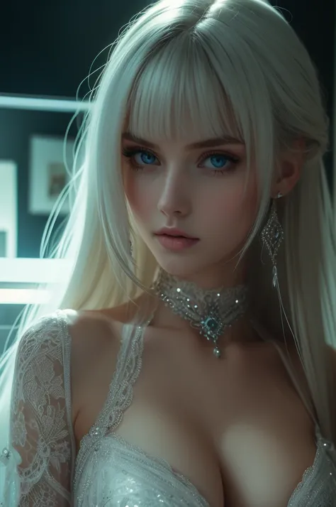 16 year old Elsa Hosk, ultra-detailed eyes, long platinum blonde hair, silk see through dress, ((medium full shot)), (bangs, cleavage, huge breasts), (((masterpiece, ultra-detailed face))).