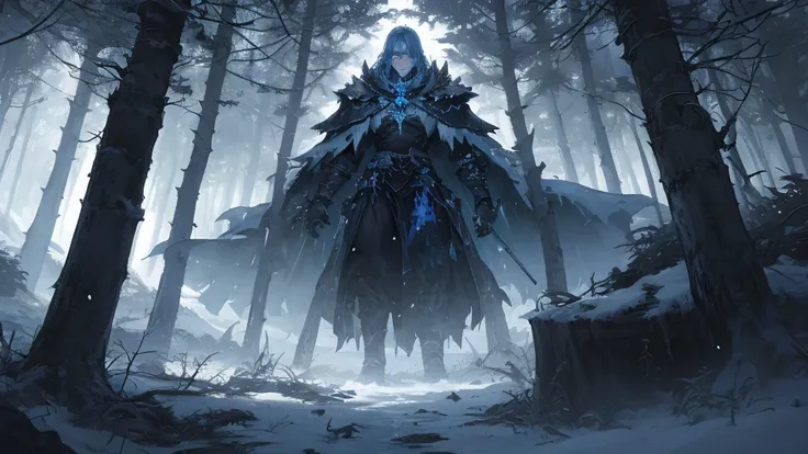 Create a dark medieval fantasy image featuring Kestu, the Guardian of the Frozen Lands, standing in the middle of an ancient, dense forest. Kestu is a towering figure made entirely of glowing blue crystal, radiating an icy aura despite the absence of snow....