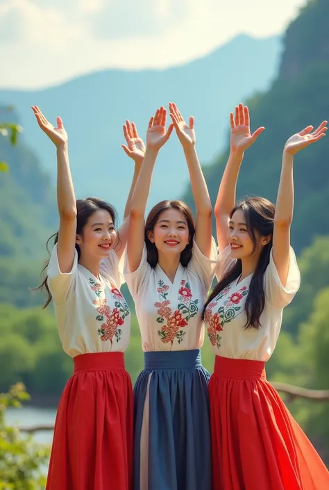 Three beautiful Korean women wearing embroidered skirts and embroidered short-sleeved shirts (Not) Turn around, shadow, raise both hands above the head, happy mood, background, mountains, trees