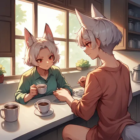 a fox girl, short white hair with, fox ears, red eyes, wearing casual pajamas, sitting in a kitchen with a cup of coffee, a text...