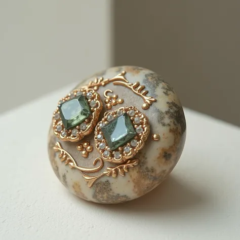 Create an image of a compact jewelry made from stone, such as a ring, necklace, or bracelets. Jewelry should have a sophisticated design, with carefully cut and securely set gemstones. The surface of the stone should show a natural shine, with intricate ca...