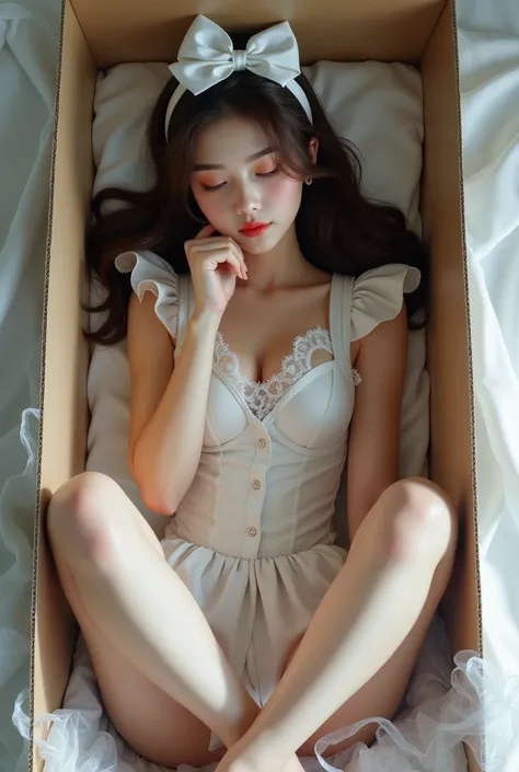 Imagine a beautiful young adult Japanese woman with brown hair, Beautiful and realistic face, that they are dressed in a hot mini maid outfit with a low neckline, to show his feet, In heels, asleep , that is covered in plastic, with a gift bow on her head,...