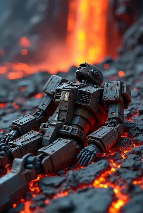 a gundam 78v2 robot without legs and arms,sleeping on lava,tilf shift photography,upper angle shot,battle damaged,lava waterfall background