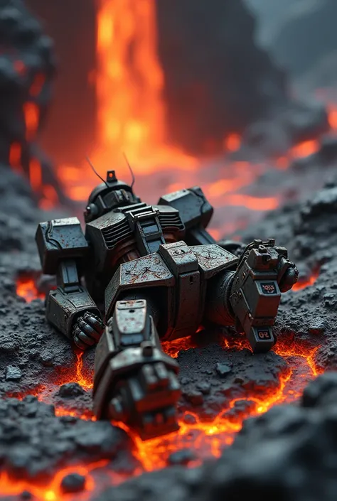 a gundam 78v2 robot without legs and arms,sleeping on lava,tilf shift photography,upper angle shot,battle damaged,lava waterfall background