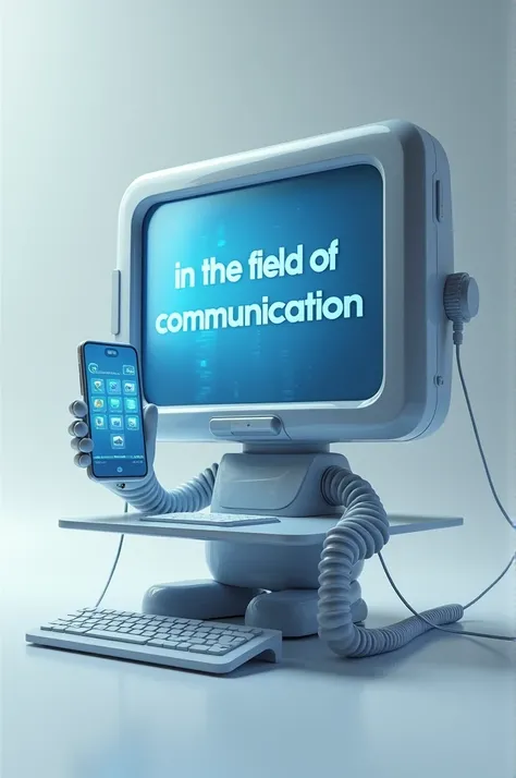 Draw a computer using  a telephone or a cellphone  saying "in the field of communication"