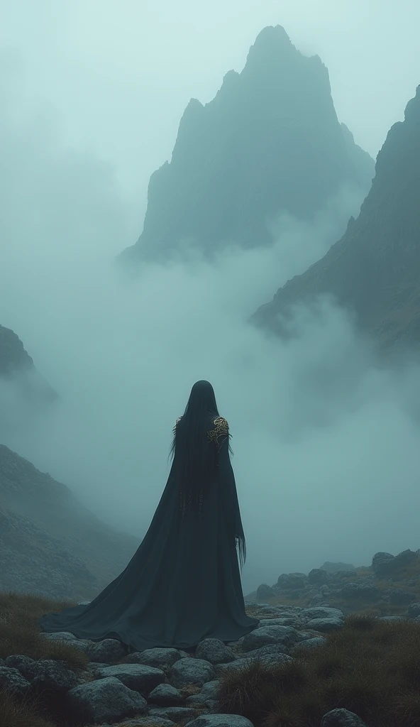 dark fantasy, Mysterious big Fog, Mysterious girl, witch, dark and gloomy, realistic, full body shot, panoramic view, 