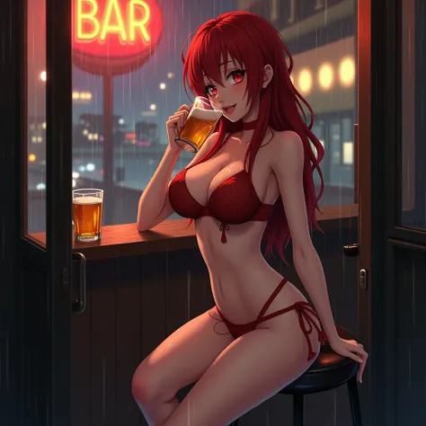 The very beautiful sexy red-haired anime girl went out one day. It was raining that day. The anime girl, who was wearing only a bra, looked at herself from the bar door, and she was very wet. She saw her sexy legs and sexy big breasts. The anime girl with ...