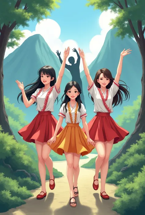 Three beautiful Korean-style women wearing short skirts with ruffled patterns and short-sleeved shirts with ruffled patterns.  (Not) Behind is a shadow, both hands raised high above the head, happy mood, background, mountains, trees.