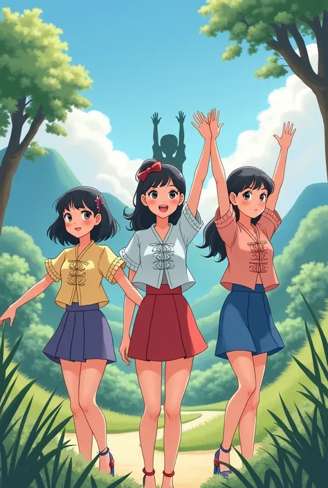 Three beautiful Korean-style women wearing short skirts with ruffled patterns and short-sleeved shirts with ruffled patterns.  (Not) Behind is a shadow, both hands raised high above the head, happy mood, background, mountains, trees.