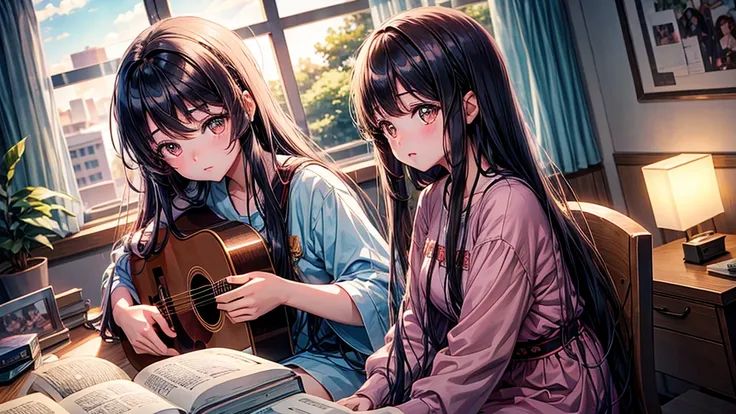 arafed long haired asian girl playing guitar in front of a window, kotegawa yui, real life anime girls, anime girl cosplay, 白him...