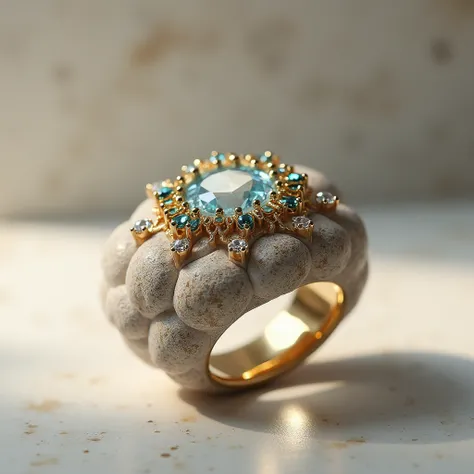 Create an image of a compact jewelry made from stone, such as a ring, necklace, or bracelets. Jewelry should have a sophisticated design, with carefully cut and securely set gemstones. The surface of the stone should show a natural shine, with intricate ca...