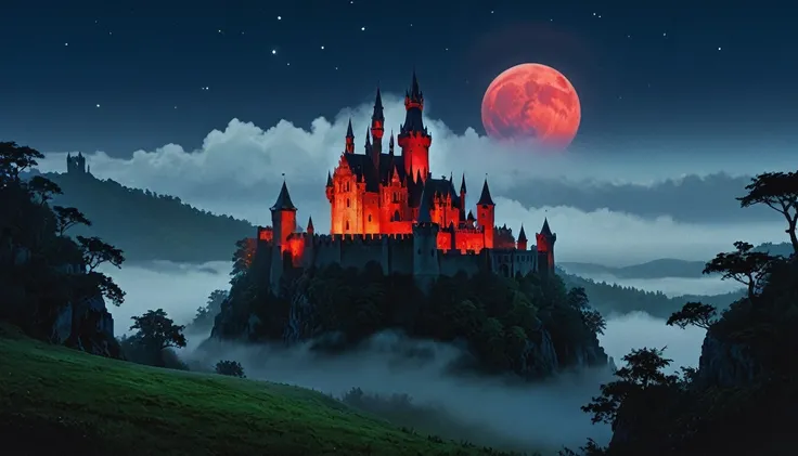 a picture of ((fog covered: 1.5)) fantasy castle at night, half covered by the ((fog: 1,5)), fog ((covers half the castle: 1.4))...