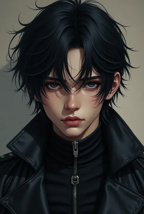 masterpiece, best quality, 1man, adult, male focus, solo, medium black hair, vibrant black eyes, looking at viewer, closed mouth, emo, Fantasy aesthetics, Highly detailed, shadowverse style, leather coat