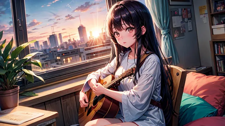 arafed long haired asian girl playing guitar in front of a window, kotegawa yui, real life anime girls, anime girl cosplay, 白him...