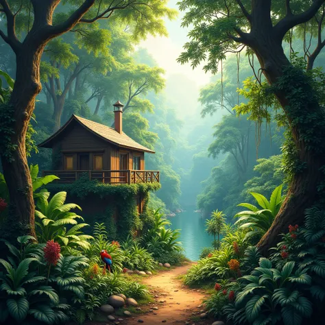 
(best quality, 8K, high resolution, masterpiece), ultra detailed, oil painting, a wildlife research base located in the heart of the Amazon rainforest, surrounded by vibrant greenery and exotic animals, with sunlight filtering through the dense canopy.