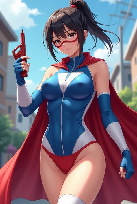 Female, japanese, full body, round face, pretty, wide eyes, dark hair, ponytail, athletic build, medium breasts, spandex, red cape, one-pieced, tight, sleeveless, blue top with white sides, up side down white triangle symbol, belly cut-out bodysuit, red un...