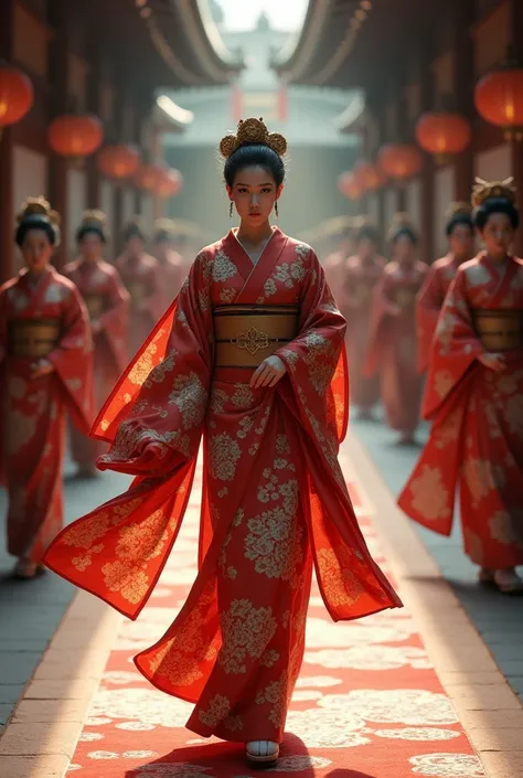 Princess of the Edo period in Japan、Ooku、30 years old、Beautiful kimono、The face is very beautiful and well-proportioned、We are walking down the long hallway of the castle、Behind us are many women in kimonos walking together