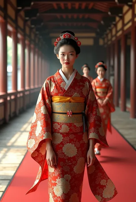 Princess of the Edo period in Japan、Ooku、30 years old、Beautiful kimono、The face is very beautiful and well-proportioned、We are walking down the long hallway of the castle、Behind us are many women in kimonos walking together