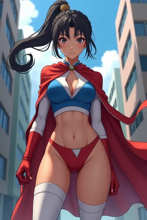 Female, japanese, full body, round face, pretty, wide eyes, dark hair, ponytail, athletic build, medium breasts, spandex, red cape, tight, sleeveless, blue top with white sides, up side down white triangle symbol, belly cut-out bodysuit, red underwear, whi...